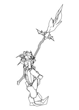 Bilim kurgu mekanik askeri ayakta duruyor. Askeri gelecekçi robot. Mekanik bir pilot tarafından kontrol ediliyor. Kazınmış metal zırh robotu. Mekanik Savaşı.