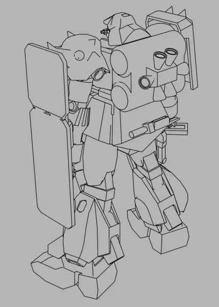 Soldado mecânico de ficção científica em pé. Robô futurista militar. Mecha controlada por um piloto. Robô de armadura de metal riscado. Batalha de Mech . — Fotografia de Stock
