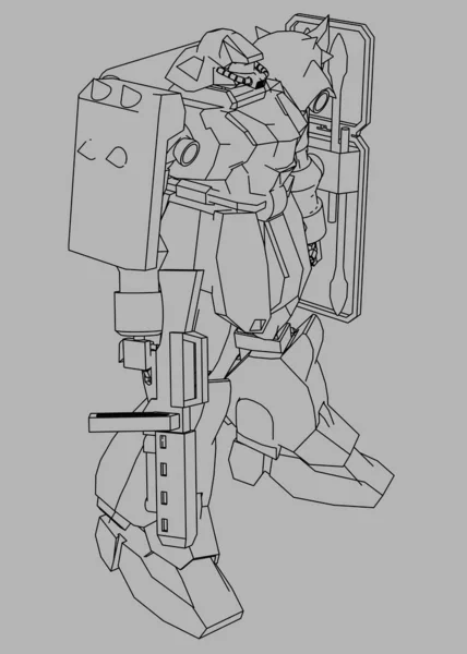 Sci-fi mech soldier standing. Military futuristic robot. Mech controlled by a pilot. Scratched metal armor robot. Mech Battle.