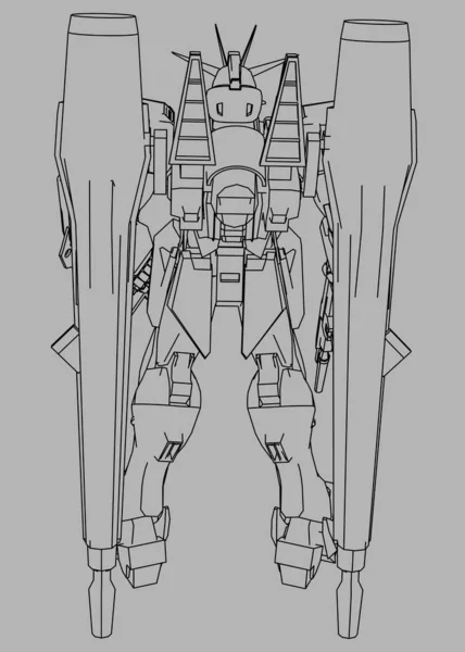 科幻山河战士站在那里。 军事未来主义机器人。 Mech是由飞行员控制的 碎屑金属装甲机器人。 Mech战斗. — 图库照片