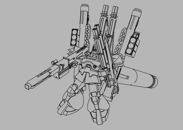 -fi mech 군인이서 있습니다. 군용 미래 로봇. 조종사가 조종하는 mech. 금속 갑옷 로봇긁힌. 미 텍 족의 전투. — 스톡 사진