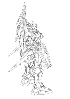 Bilim kurgu mekanik askeri ayakta duruyor. Askeri gelecekçi robot. Mekanik bir pilot tarafından kontrol ediliyor. Kazınmış metal zırh robotu. Mekanik Savaşı.