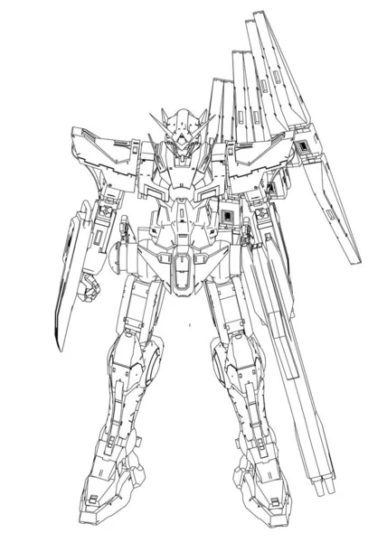 -fi mech 군인이서 있습니다. 군용 미래 로봇. 조종사가 조종하는 mech. 금속 갑옷 로봇긁힌. 미 텍 족의 전투. — 스톡 사진