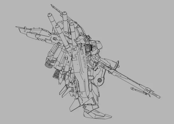 科幻山河战士站在那里。 军事未来主义机器人。 Mech是由飞行员控制的 碎屑金属装甲机器人。 Mech战斗. — 图库照片