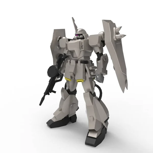 白い背景に立つSFメカの兵士。緑と灰色の金属を持つ軍事未来的なロボット。パイロットによって制御されるメカ。傷ついた金属装甲ロボット。メカバトル。3D レンダリング — ストック写真