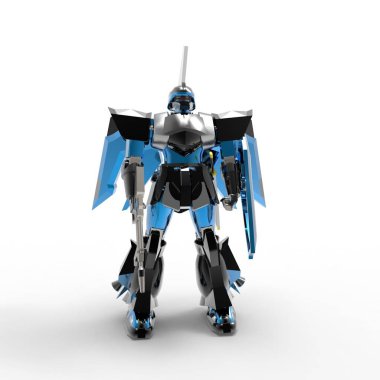 Beyaz bir arka plan üzerinde duran bilim kurgu mech asker. Yeşil ve gri renk metal ile askeri fütüristik robot. Mech bir pilot tarafından kontrol ediliyor. Çizik metal zırh robotu. Mech Savaşı. 3d render