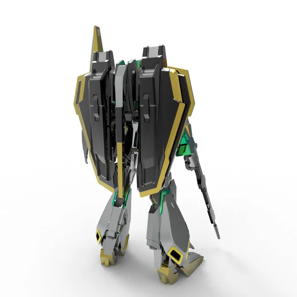 Sci-Fi mech katona fehér alapon állva. Katonai futurisztikus robot egy zöld és szürke színű fém. Mech vezérli pilóta. Karcos fém páncél robot. Mech csata. 3D-leképezés — Stock Fotó