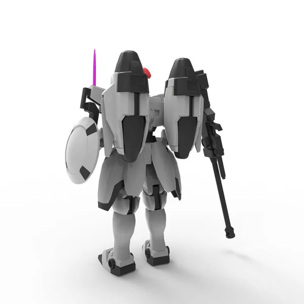 Sci-fi soldado mech em pé sobre um fundo branco. Robô futurista militar com um metal de cor verde e cinza. Mecha controlada por um piloto. Robô de armadura de metal riscado. Batalha de Mech. Renderização 3D — Fotografia de Stock