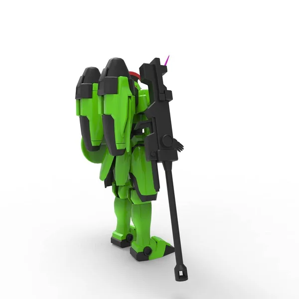 Sci-fi mech soldier standing on a white background. Military futuristic robot with a green and gray color metal. Mech controlled by a pilot. Scratched metal armor robot. Mech Battle. 3D rendering — Stock Photo, Image