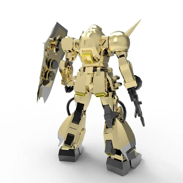 흰색 배경에 서 공상 과학 메카 군인. 녹색과 회색 색상 금속 군사 미래 로봇. 파일럿이 조종하는 메카. 긁힌 금속 갑옷 로봇. 메크 전투. 3D 렌더링 — 스톡 사진