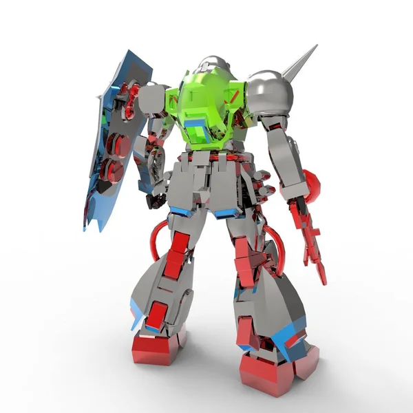 Beyaz bir arka plan üzerinde duran bilim kurgu mech asker. Yeşil ve gri renk metal ile askeri fütüristik robot. Mech bir pilot tarafından kontrol ediliyor. Çizik metal zırh robotu. Mech Savaşı. 3d render — Stok fotoğraf