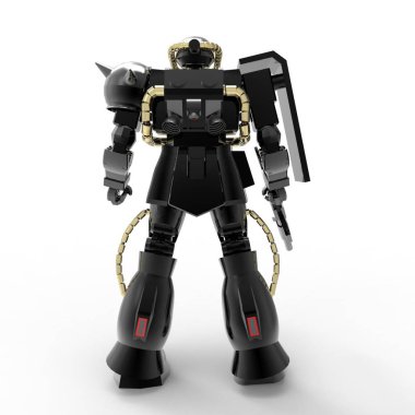 Beyaz bir arka plan üzerinde duran bilim kurgu mech asker. Yeşil ve gri renk metal ile askeri fütüristik robot. Mech bir pilot tarafından kontrol ediliyor. Çizik metal zırh robotu. Mech Savaşı. 3d render