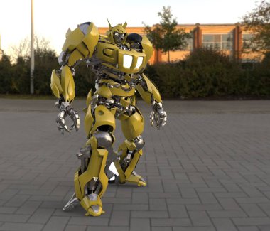 Sci-fi mech asker bir manzara arka plan üzerinde duruyor. Yeşil ve gri renk metal ile askeri fütüristik robot. Mech bir pilot tarafından kontrol ediliyor. Çizik metal zırh robotu. Mech Savaşı. 3d render