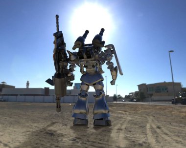 Sci-fi mech asker bir manzara arka plan üzerinde duruyor. Yeşil ve gri renk metal ile askeri fütüristik robot. Mech bir pilot tarafından kontrol ediliyor. Çizik metal zırh robotu. Mech Savaşı. 3d render