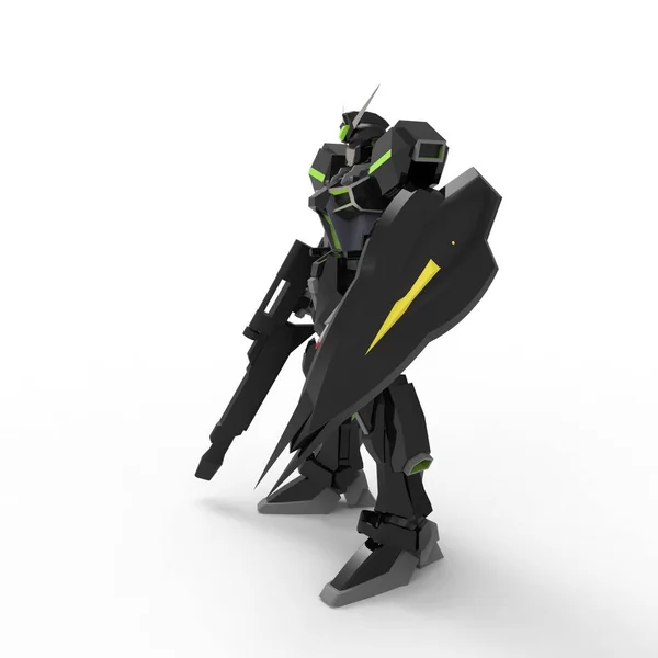 Sci-Fi Mech soldaat die op een witte achtergrond staat. Militaire futuristische robot met een groene en grijze kleur metaal. Mech bestuurd door een piloot. Bekraste metalen Armor robot. Mech-strijd. 3D-rendering — Stockfoto