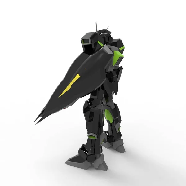 Воин-механик, стоящий на белом фоне. Военный футуристический робот с зеленым и серым цветом металла. Мех контролируется пилотом. Царапины из металлических доспехов. Битва мехов. 3D рендеринг — стоковое фото