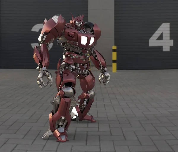 Sci-fi mech asker bir manzara arka plan üzerinde duruyor. Yeşil ve gri renk metal ile askeri fütüristik robot. Mech bir pilot tarafından kontrol ediliyor. Çizik metal zırh robotu. Mech Savaşı. 3d render — Stok fotoğraf