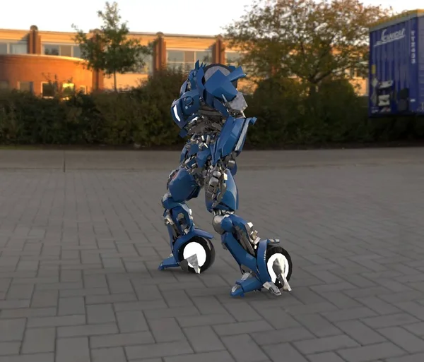 Sci-Fi хутро солдата стоячи на фоні ландшафту. Військовий футуристичний робот з зеленим і сірим кольором металу. Механіка контролюється пілотом. Подряпаний металевий обладунок робота. Інженерна битва. 3D-рендерінг — стокове фото