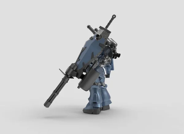 Science-Fiction-Mechaniker, der vor einem Landschaftsbild steht. militärische futuristische Roboter mit einer grünen und grauen Farbe Metall. mech, das von einem Piloten gesteuert wird. zerkratzte Metallpanzerroboter. mech Schlacht. 3D-Darstellung — Stockfoto