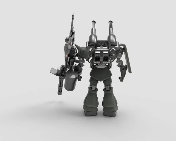 Sci-fi mech asker bir manzara arka plan üzerinde duruyor. Yeşil ve gri renk metal ile askeri fütüristik robot. Mech bir pilot tarafından kontrol ediliyor. Çizik metal zırh robotu. Mech Savaşı. 3d render — Stok fotoğraf