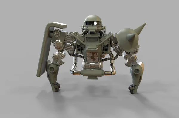 Soldado mecánico de ciencia ficción de pie sobre un fondo de paisaje. Robot futurista militar con metal de color verde y gris. Mech controlado por un piloto. Robot de armadura de metal rayado. Batalla Mech. Renderizado 3D —  Fotos de Stock