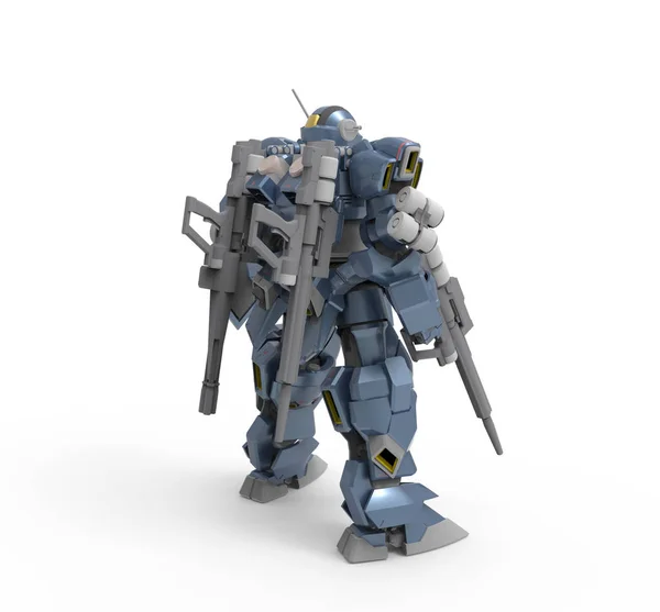 Sci-fi mech asker bir manzara arka plan üzerinde duruyor. Yeşil ve gri renk metal ile askeri fütüristik robot. Mech bir pilot tarafından kontrol ediliyor. Çizik metal zırh robotu. Mech Savaşı. 3d render — Stok fotoğraf