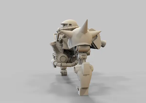 Science-Fiction-Mechaniker, der vor einem Landschaftsbild steht. militärische futuristische Roboter mit einer grünen und grauen Farbe Metall. mech, das von einem Piloten gesteuert wird. zerkratzte Metallpanzerroboter. mech Schlacht. 3D-Darstellung — Stockfoto