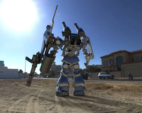 Sci-fi mech asker bir manzara arka plan üzerinde duruyor. Yeşil ve gri renk metal ile askeri fütüristik robot. Mech bir pilot tarafından kontrol ediliyor. Çizik metal zırh robotu. Mech Savaşı. 3d render — Stok fotoğraf