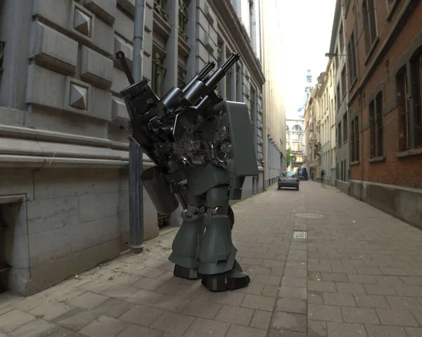 Sci-Fi mech katona állt a táj hátterét. Katonai futurisztikus robot egy zöld és szürke színű fém. Mech vezérli pilóta. Karcos fém páncél robot. Mech csata. 3D-leképezés — Stock Fotó