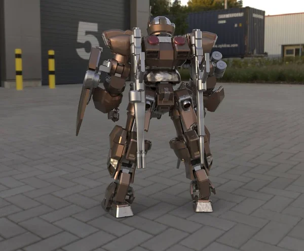 Sci-fi mech asker bir manzara arka plan üzerinde duruyor. Yeşil ve gri renk metal ile askeri fütüristik robot. Mech bir pilot tarafından kontrol ediliyor. Çizik metal zırh robotu. Mech Savaşı. 3d render — Stok fotoğraf