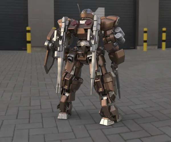 Sci-Fi mech żołnierz stoi na tle krajobrazu. Wojskowy futurystyczny Robot z zielonym i szarym kolorze metalu. Mech kontrolowany przez pilota. Porysowany metalowy pancerz robota. Bitwa mech. Renderowanie 3D — Zdjęcie stockowe