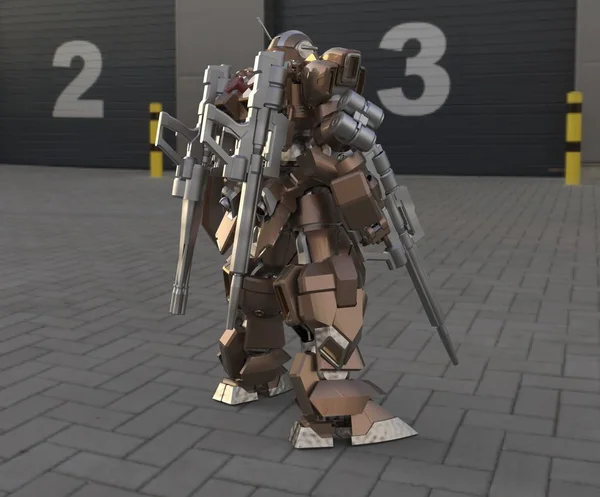 Sci-fi mech soldat în picioare pe un fundal peisaj. Robotul futurist militar cu un metal de culoare verde și gri. Mech controlat de un pilot. Robotul armurii metalice zgâriate. Mech Battle. Redare 3D — Fotografie, imagine de stoc