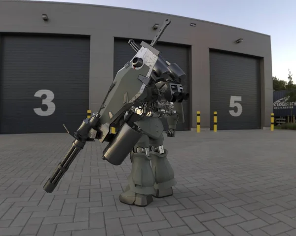 Soldado mecánico de ciencia ficción de pie sobre un fondo de paisaje. Robot futurista militar con metal de color verde y gris. Mech controlado por un piloto. Robot de armadura de metal rayado. Batalla Mech. Renderizado 3D — Foto de Stock