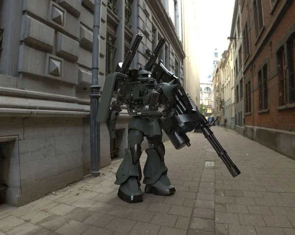 Sci-Fi mech katona állt a táj hátterét. Katonai futurisztikus robot egy zöld és szürke színű fém. Mech vezérli pilóta. Karcos fém páncél robot. Mech csata. 3D-leképezés — Stock Fotó