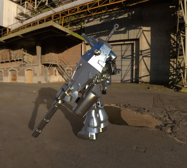 Μηχανικός επιστημονικής φαντασίας που στέκεται σε φόντο τοπίου. Στρατιωτικό φουτουριστικό ρομπότ με πράσινο και γκρι χρώμα μέταλλο. Μηχανή ελεγχόμενη από πιλότο. Χαραγμένη μεταλλική πανοπλία ρομπότ. Μάχη μηχανών. απόδοση 3D — Φωτογραφία Αρχείου