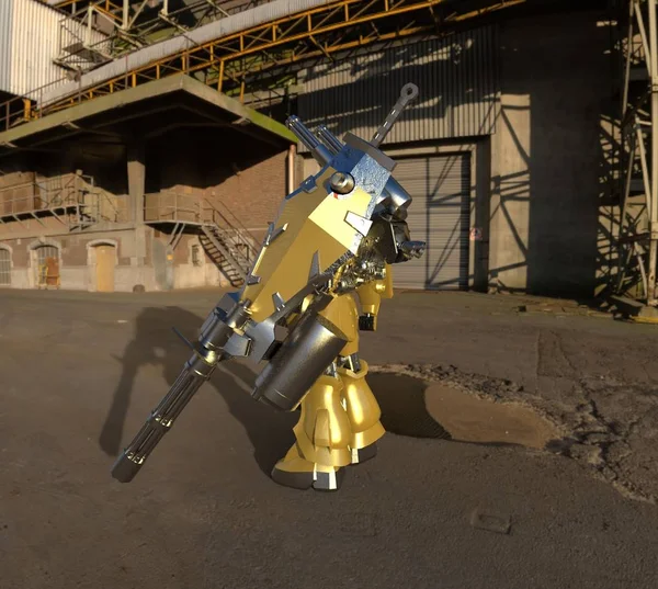 Научно-фантастический механик, стоящий на ландшафтном фоне. Военный футуристический робот с зеленым и серым цветом металла. Мех контролируется пилотом. Царапины из металлических доспехов. Битва мехов. 3D рендеринг — стоковое фото