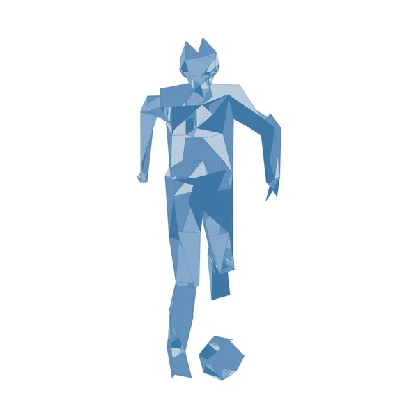 Jugador de fútbol pateando pelota. Jugador de fútbol, patear una pelota, composición divergente de partículas, ilustración vectorial — Vector de stock