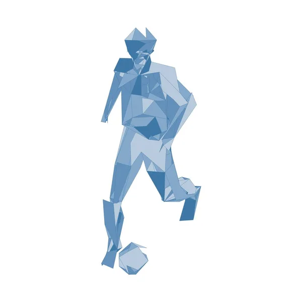 Jugador de fútbol pateando pelota. Jugador de fútbol, patear una pelota, composición divergente de partículas, ilustración vectorial — Vector de stock