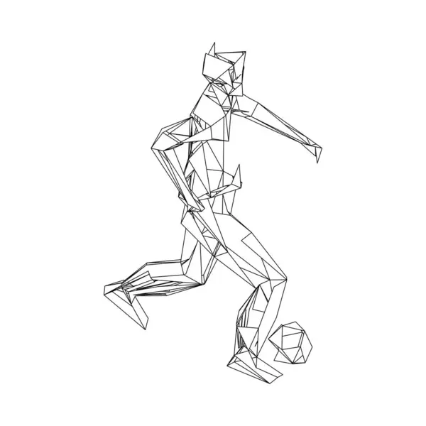 Jugador de fútbol pateando pelota. Jugador de fútbol, patear una pelota, composición divergente de partículas, ilustración vectorial — Vector de stock