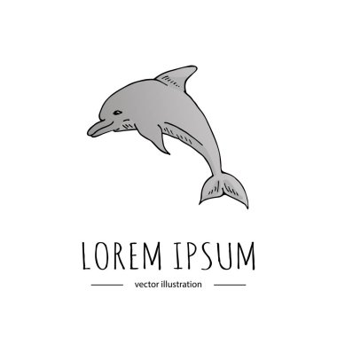 Beyaz arka plan üzerinde izole elle çizilmiş doodle yunus kutsal kişilerin resmi. Vektör çizim, deniz etkinliği simgesi - memeli atlama ile ilgili. Yarım yamalak öğesi. Çizgi film vahşi balık ölçekler Spike fin masalı