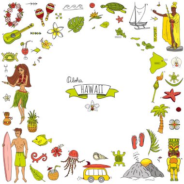 Elle çizilmiş doodle Hawaii Icons set hawaiian semboller vektör illüstrasyon izole semboller koleksiyonunu çizgi film öğeleri: ABD devlet harita Honolulu devlet Hula kızı sörf adam volkan gitar cennet sanat