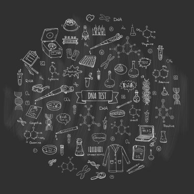 Elle çizilmiş doodle Dna test simgeler kümesi. Vektör çizim. Tıbbi laboratuvar sembolü koleksiyonu. Karikatür nano teknoloji, tıp, genom öğeleri: Araştırma Araçları, madde, moleküller, azotlu bazlar