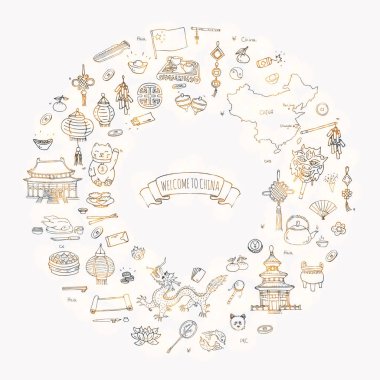 Elle çizilmiş doodle Çin Icons collection vektör çizim yarım yamalak Çin Icons set. Çin, çay töreni, Ulusal Gıda, fener Dim Sum, Dragon, Simgesel Yapı, harita, hoş geldiniz Asya mimarisi