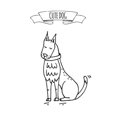 Elle çizilmiş doodle sevimli sakin köpek simge vektör çizim karikatür normal günlük ev Evcil hayvan faaliyetleri sembolü oturuyor. Yarım yamalak köpek yaka ile yürüyerek gitmeye hazır