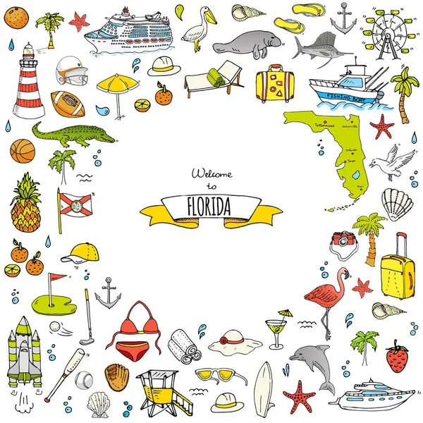 Hand Drawn Doodle Florida Icons Set Vector Illustration Isolated Symbols — Stock Vector