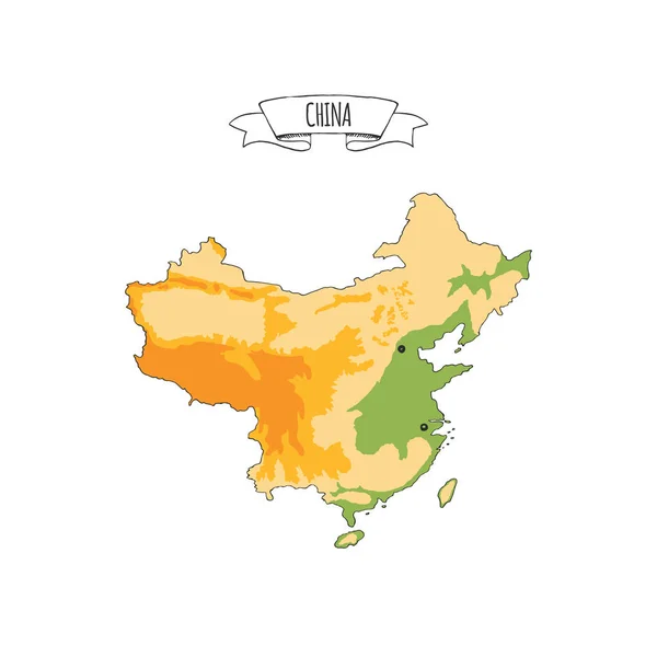 手描きの背景には 中国は 白い背景で隔離の多彩なマップが示されています 大ざっぱな地理的な地図山 フラット の景色の区域 中国語の看板とリボンを落書き — ストックベクタ