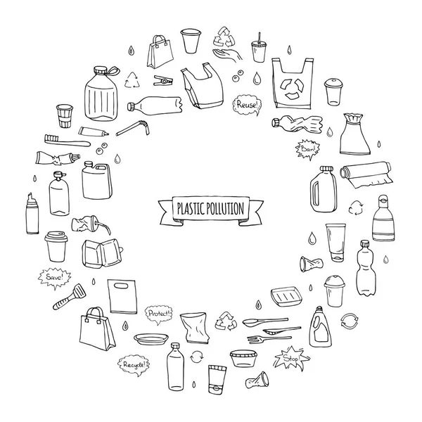 Dessiné Main Doodle Arrêter Pollution Plastique Icônes Ensemble Vectoriel Illustration — Image vectorielle