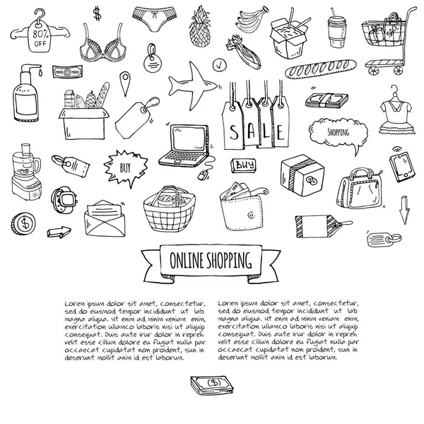 Hand Drawn Doodle Set Online Shopping Icons Vector Illustration Set — Stock Vector