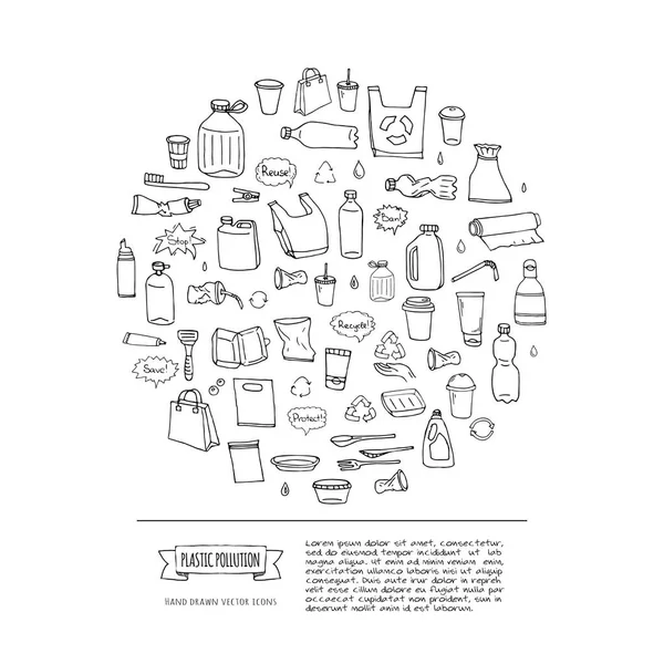 Doodle Dibujado Mano Detener Contaminación Plástica Iconos Conjunto Vector Ilustración — Vector de stock