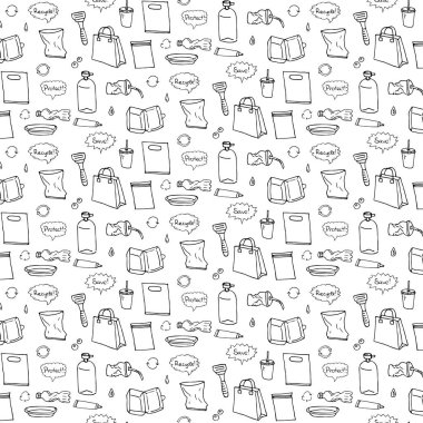 Dikişsiz desen elle çizilmiş doodle dur plastik kirliliği